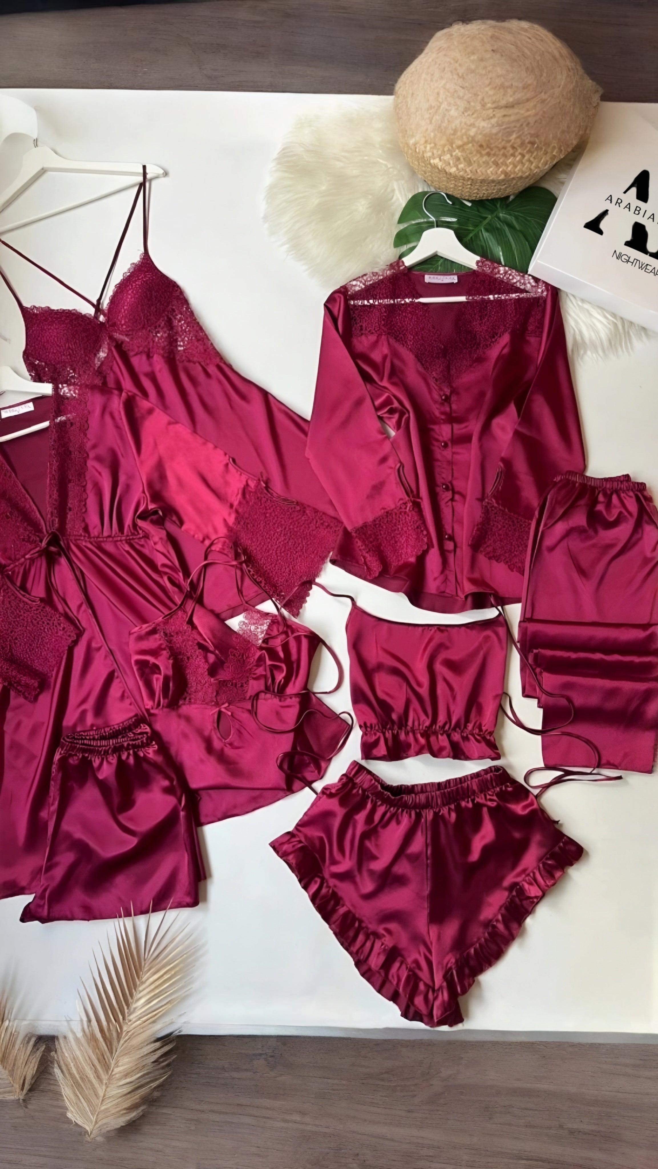 Bridal Glamour 8-Piece skin Nightdress for Women (Maroon)