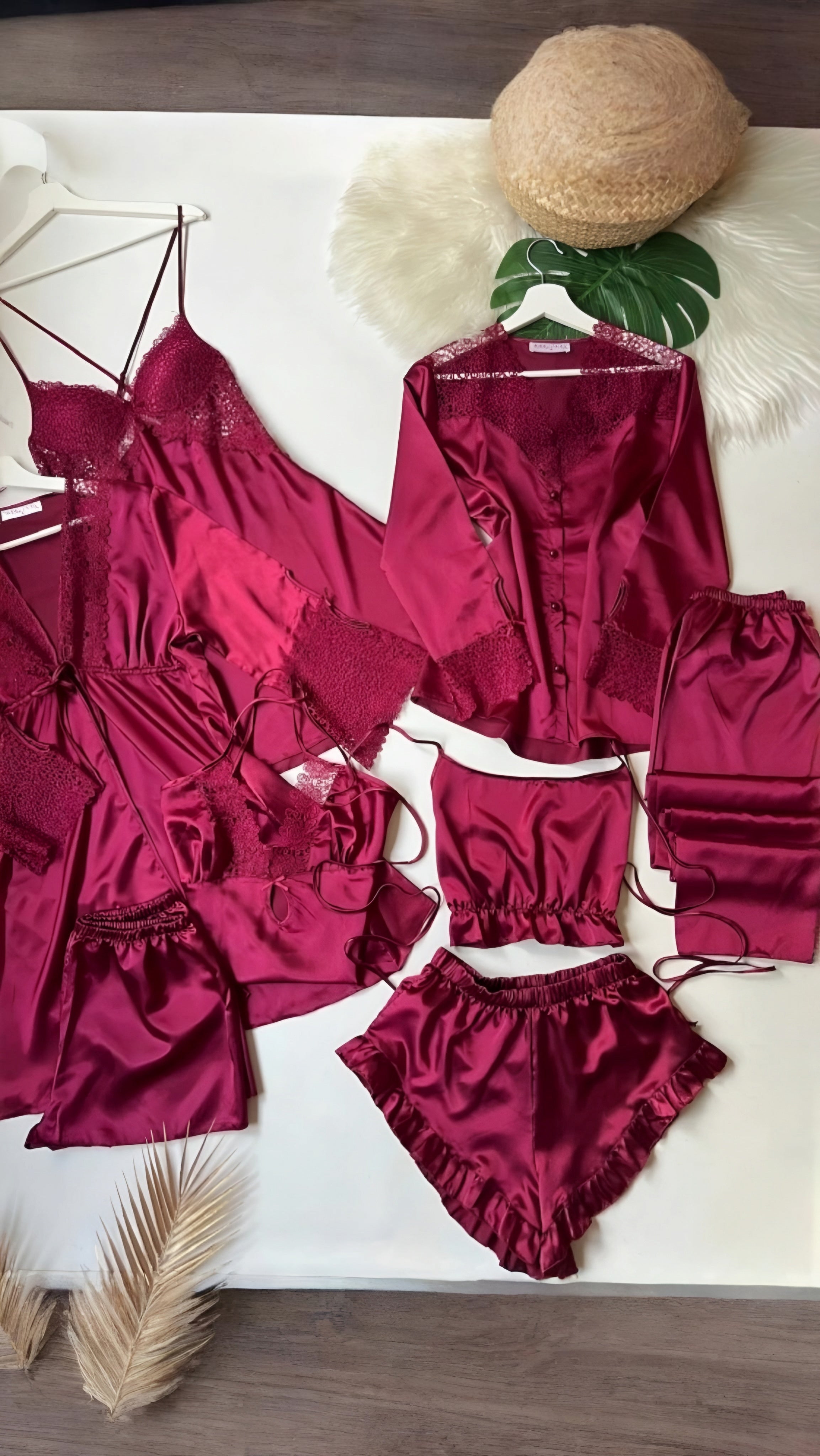 Bridal Glamour 8-Piece skin Nightdress for Women (Maroon)