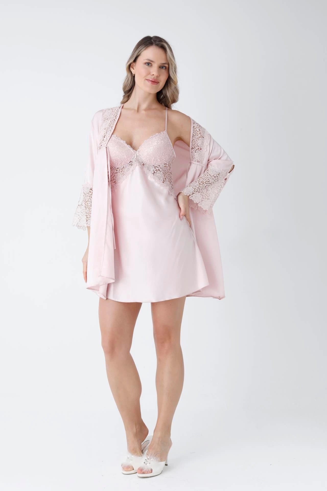 Bridal Glamour 4-Piece skin Nightdress for Women (Pink)
