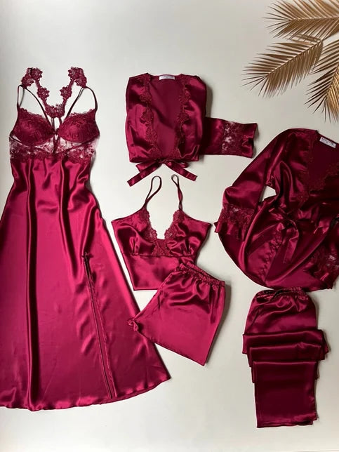 Bridal Glamour 6-Piece skin Nightdress for Women (Maroon)